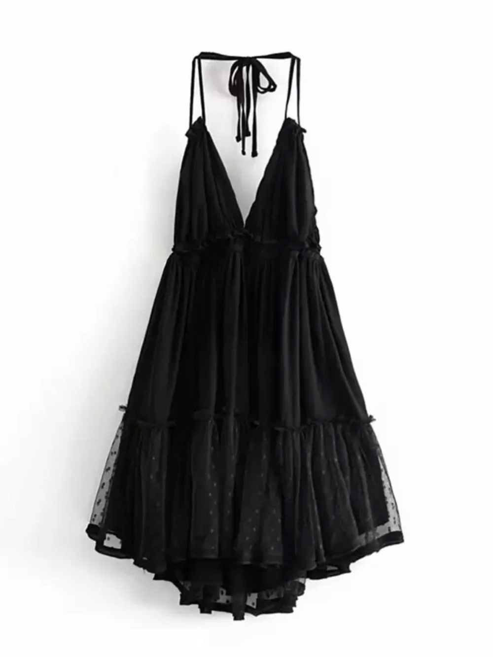 Women's Black Backless Halter V-Neck Tiered Midi Dress